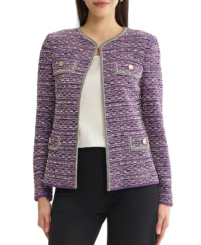Misook Relaxed Lurex Eyelash Ribbon Knit Jacket In Purple/biscotti/charmeuse/black