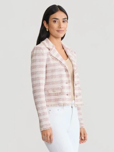 Misook Relaxed Plaid Fringe Trim Knit Jacket In Neutral