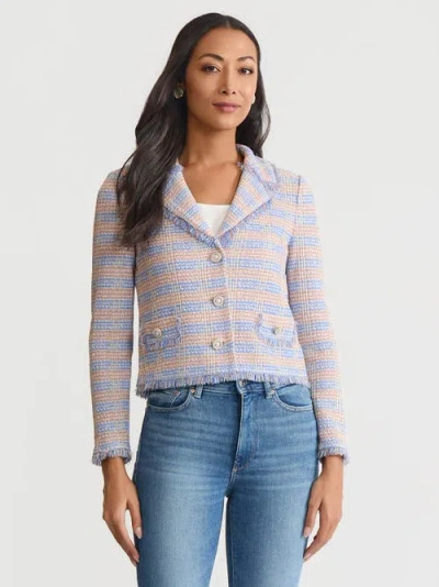 Misook Relaxed Plaid Fringe Trim Knit Jacket In Blue