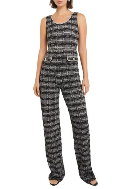 Misook Rhinestone Tweed Straight Leg Jumpsuit In Black/new Ivory