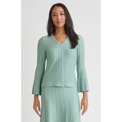 Misook Scalloped Ribbed Knit Bell Sleeve Top In Green