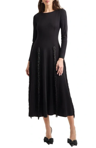 MISOOK MISOOK SEQUIN FRINGE LONG SLEEVE FIT & FLARE DRESS