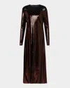 Misook Modern Fit Sheer Shoulder Sequin A-line Maxi Dress In Mahogany
