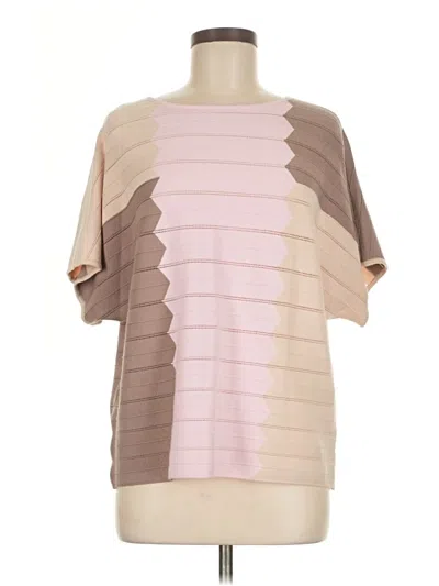 Pre-owned Misook Short Sleeve Top Brown Color Block Pattern Boatneck Tops