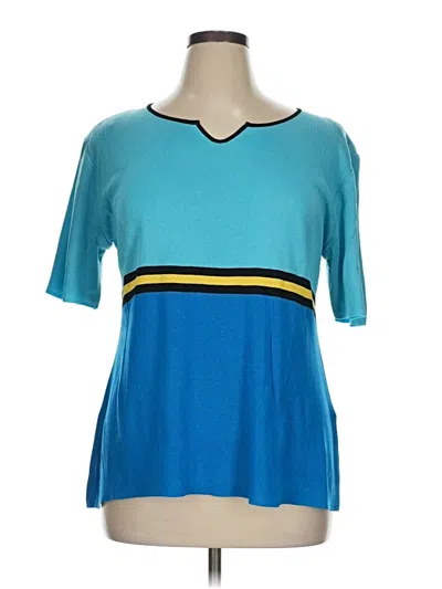 Pre-owned Misook Short Sleeve Top Teal Color Block Pattern V Neck Tops In Blue