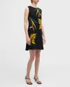 Misook Sleeveless Embroidered Knit Mini Dress In Black/ochre/spruce/copper/new Ivory
