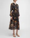 Misook Smocked Floral-print Chiffon Midi Dress In Black/ochre/spruce/copper/new Ivory