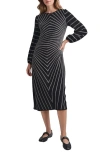 Misook A-line Melange Striped Soft Knit Midi Dress In Black/new Ivory