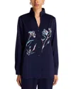 Misook Split Collar Embroidered Blouse In Blue