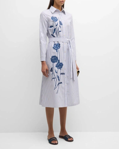 Misook Striped Floral-embroidered Midi Shirtdress In Mazarine/white