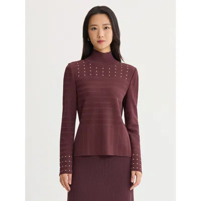 Misook Studded Mock Neck Ribbed Knit Top In Brown