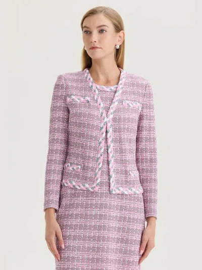 Misook Tailored Braided Trim Tweed Knit Jacket In Pink