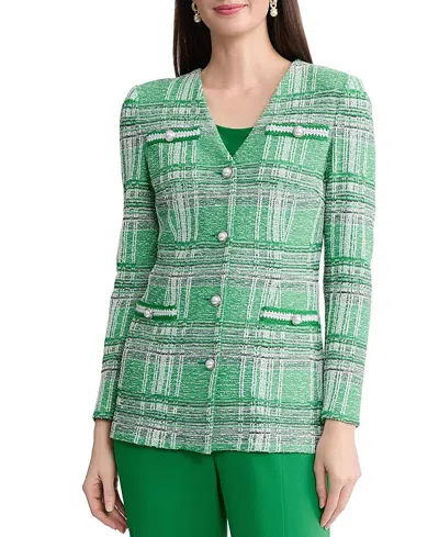 Misook Tailored Crochet Trim Plaid Knit Jacket In Green