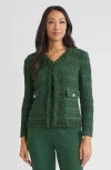 Misook Tailored Eyelash Fringe Trim Knit Jacket In Green