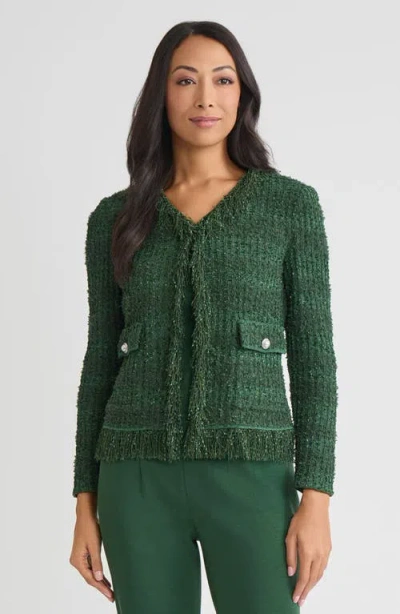 Misook Tailored Eyelash Fringe Trim Knit Jacket In Green