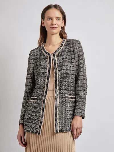 Misook Tailored Fit Contrast Trim Tweed Knit Jacket In Black/sand/biscotti
