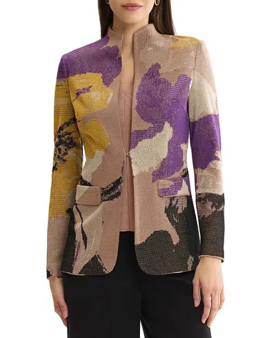 Misook Tailored Floral Jacquard Flat Knit Jacket In Charmeuse/purple/biscotti/black