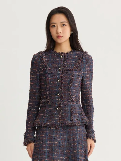 Misook Tailored Fringe Trim Ribbon Knit Jacket In Brown