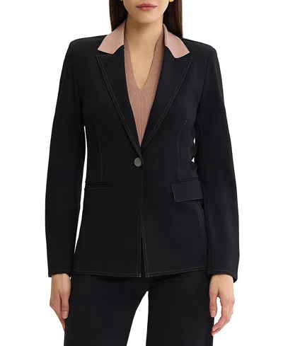 Misook Tailored Luxestretch Contrast Stitch Blazer In Black/charmeuse