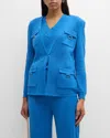 Misook Tailored Metallic Accent Ribbed Flat Knit Jacket In Adriatic Blue