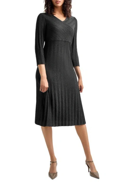 Misook Textural Stripe Midi Sweater Dress In Black