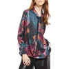 Misook Watercolor Tie Neck Crepe De Chine Blouse In Teal/multi