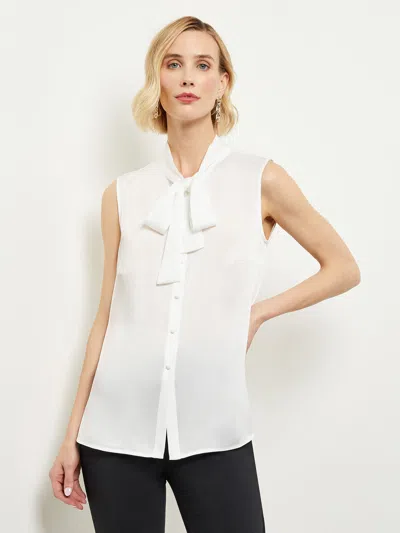 Misook Tie-neck Crepe De Chine Blouse, White