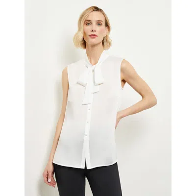 Misook Tie Neck Crepe De Chine Blouse In White