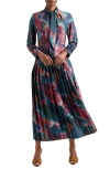 Misook Pleated Tie-neck A-line Midi Dress In Marine Teal/ Violet