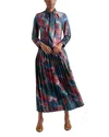 Misook Pleated Tie-neck A-line Midi Dress In Marine Teal/multi