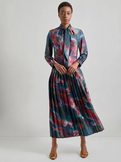 Misook Tie Neck Pleated A-line Maxi Dress In Multi