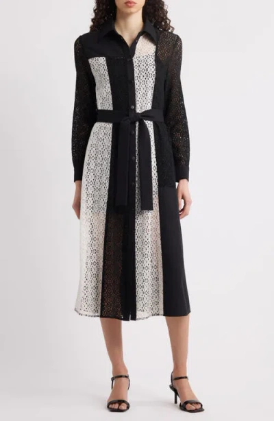 Misook Tie Waist Long Sleeve Lace Midi Dress