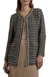 Misook Tailored Fit Contrast Trim Tweed Knit Jacket In Black/sand/biscotti