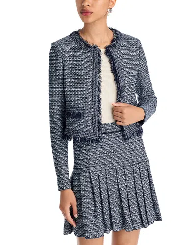Misook Tweed Knit Fringe Trim Jacket In Blue