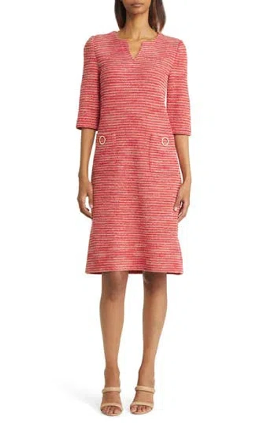 Misook Tweed Shift Dress In Sunset Red/citrus Blossom/pale