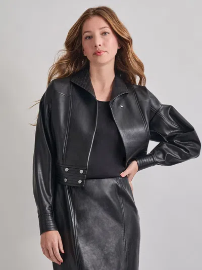 Misook Vegan Leather Cropped Moto Jacket In Black