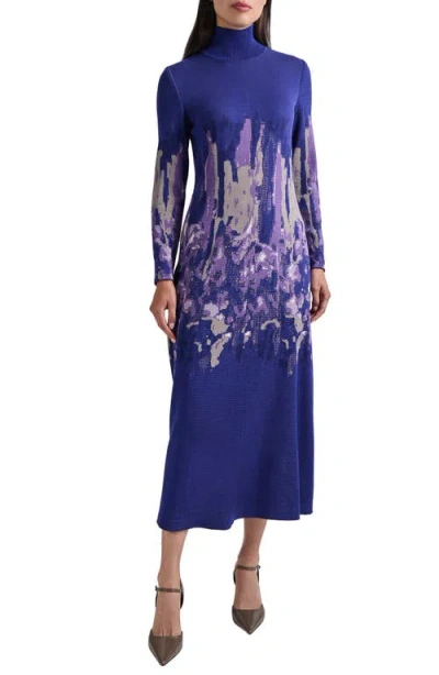Misook Watercolor Long Sleeve A-line Knit Dress In Starry Night Blue