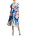 Misook Watercolor Midi Dress In Aegean Blue/multi
