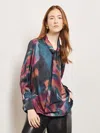 Misook Watercolor Tie Neck Crepe De Chine Blouse In Blue