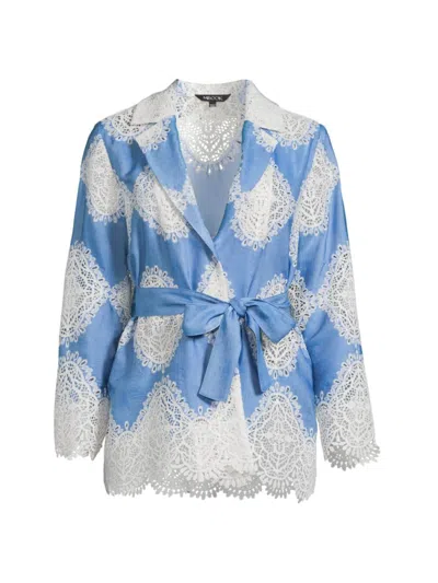 Misook Women's Belted Lace-appliqued Heritage Blazer In Adriatic Blue White
