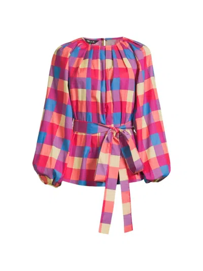 Misook Women's Belted Plaid Cotton-blend Blouse In Radiant Pink