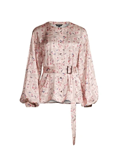 Misook Floral Balloon Sleeve Belted Shirt In Biscotti Porcelain Pink