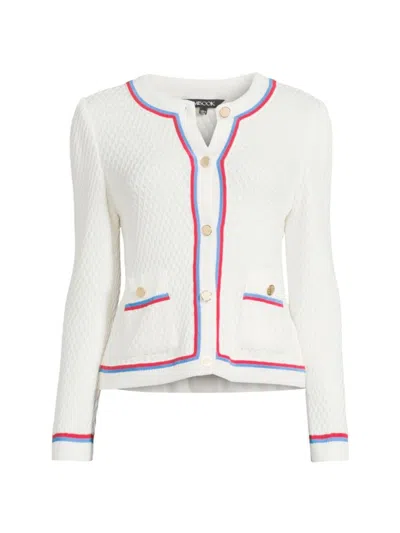 Misook Heritage Contrast-trim Intarsia Ribbed Soft Knit Jacket In New Ivory Adriatic Blue