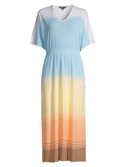 Misook Midi V-neck Fit And Flare A-line Dress In Caribbean Mist White
