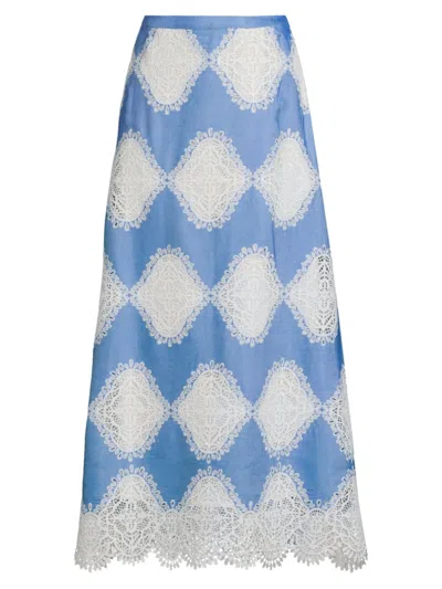 Misook Women's Lace Appliqué A-line Maxi Skirt In Adriatic Blue/white