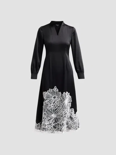 Misook Women's Lace-appliqué Crepe De Chine Midi Dress In Black