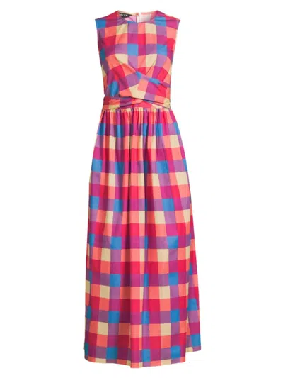 Misook Women's Maxi Plaid Tie-waist Maxi Dress In Radiant Pink/adriatic Blue/parchment