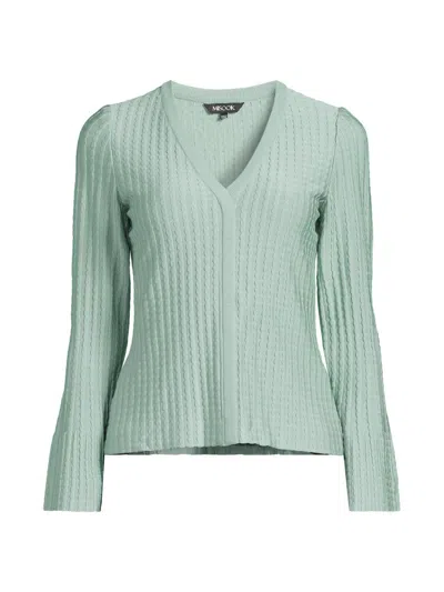 Misook Scalloped Ribbed Knit Bell Sleeve Top In Green