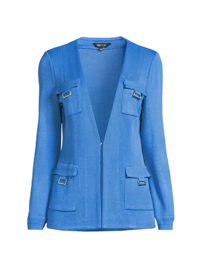 Misook Tailored Metallic Accent Ribbed Flat Knit Jacket In Adriatic Blue
