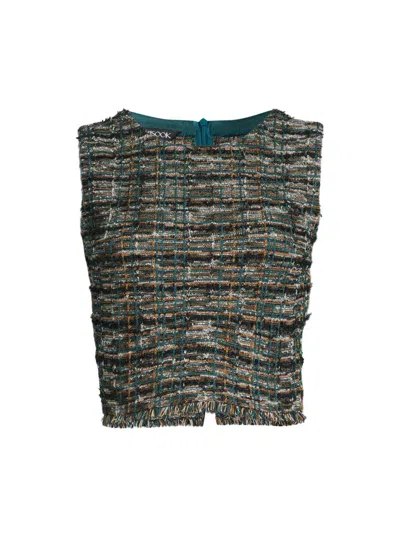 Misook Cropped Fringe-trim Tweed Knit Tank In Multi